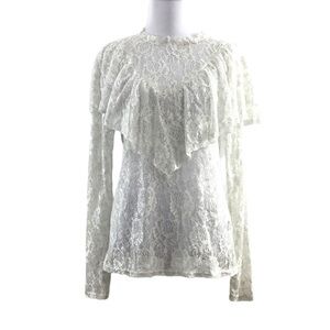BKE Boutique White Silver Sheer‎ Lace Blouson Ruffle Top Western Medium Romantic